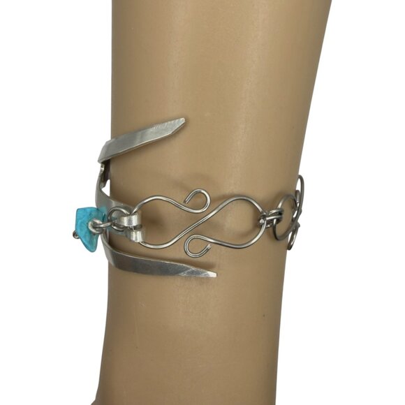 Handcrafted Silver Fork Cuff Bracelet W Stainless Steel Links & Turquoise Charm - Picture 5 of 15